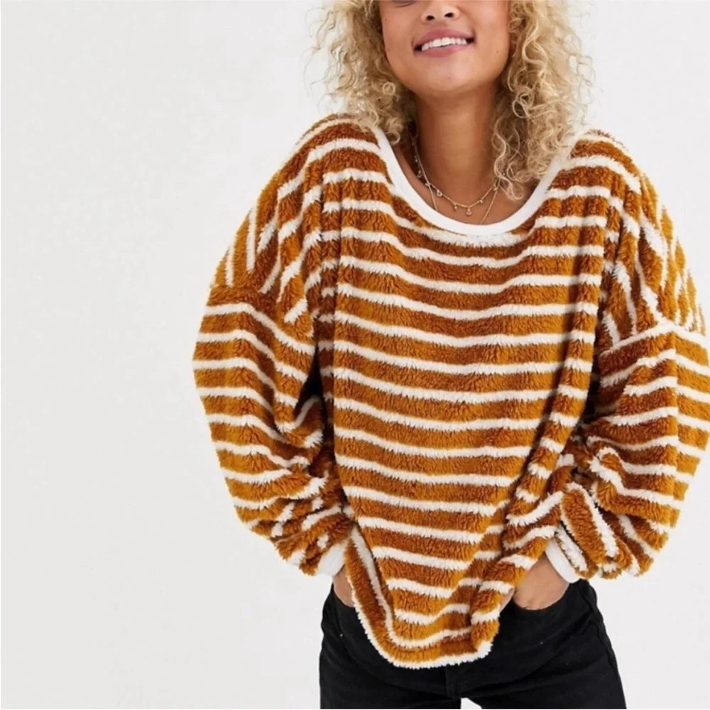 Free People Brenton Striped Pullover Autumn Pearl Teddy Sweater Size Small